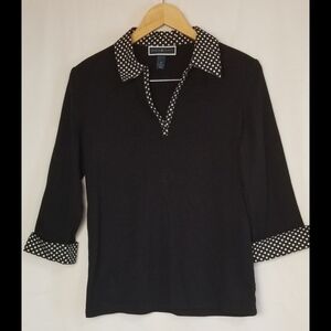 Karen Scott Black Top with Polka Dot Trim Size M